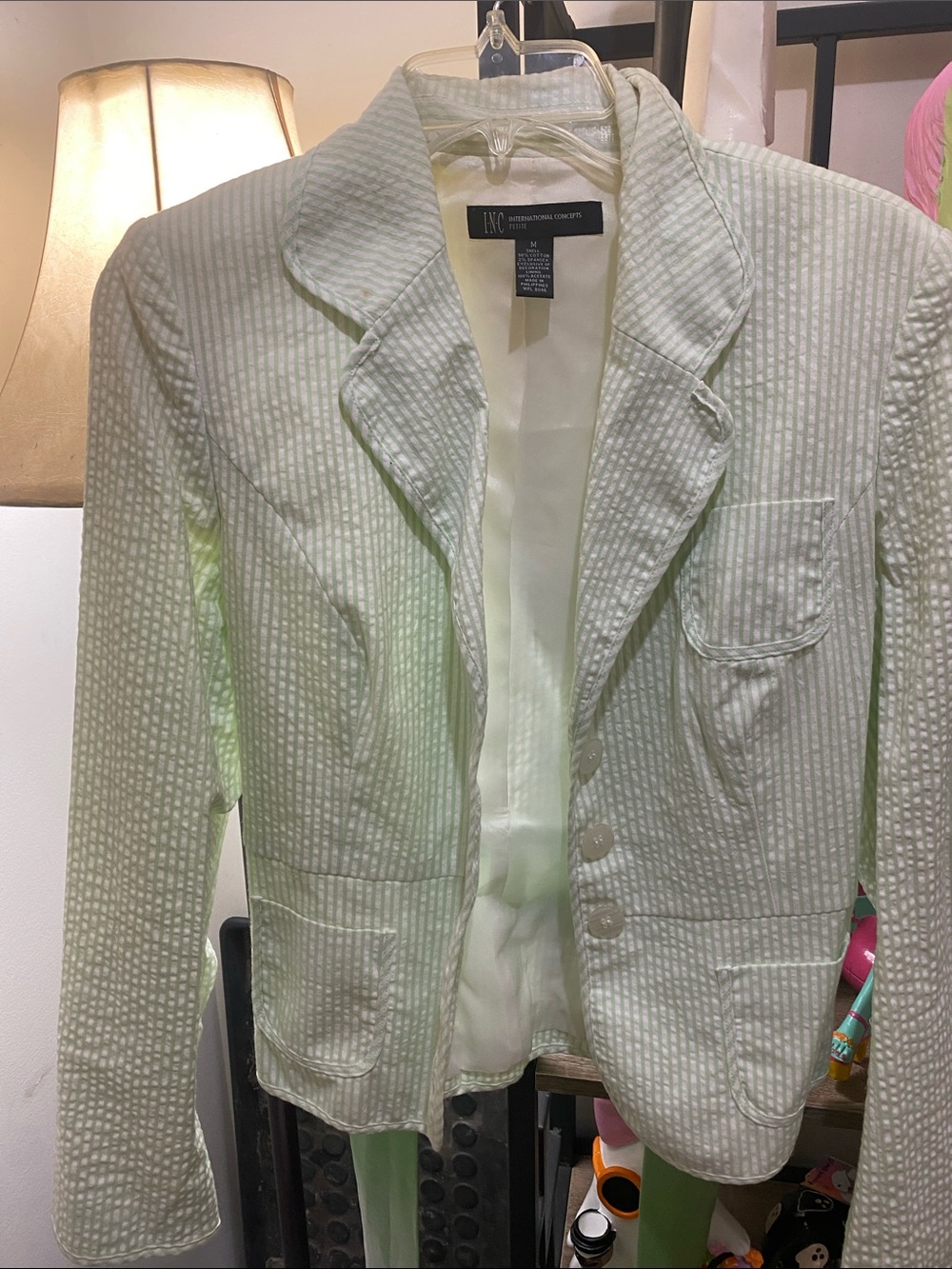 INC International Concepts Cream and White Striped Seersucker Blazer